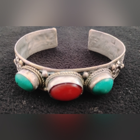 Vintage Jewelry - Vintage Tibetan Silver Cuff Bracelet w/ Turquoise & Coral Stones